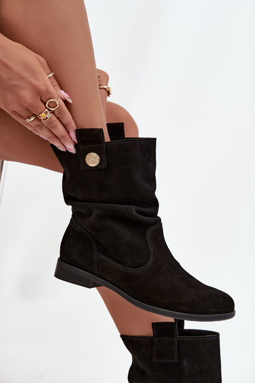 Шкіряні замшеві жіночі ботильйони з зібраннями ізоляція Zazoo 4210 Чорні