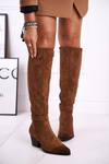 Жіночі високі чоботи на підборах коричневого кольору