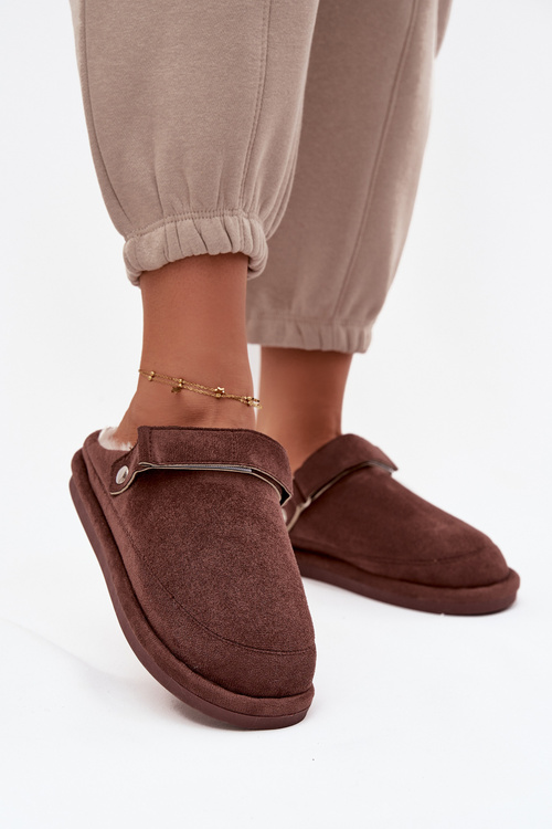 Жіночі капці з ремінцем Теплі з хутром Шоколадні Rilena