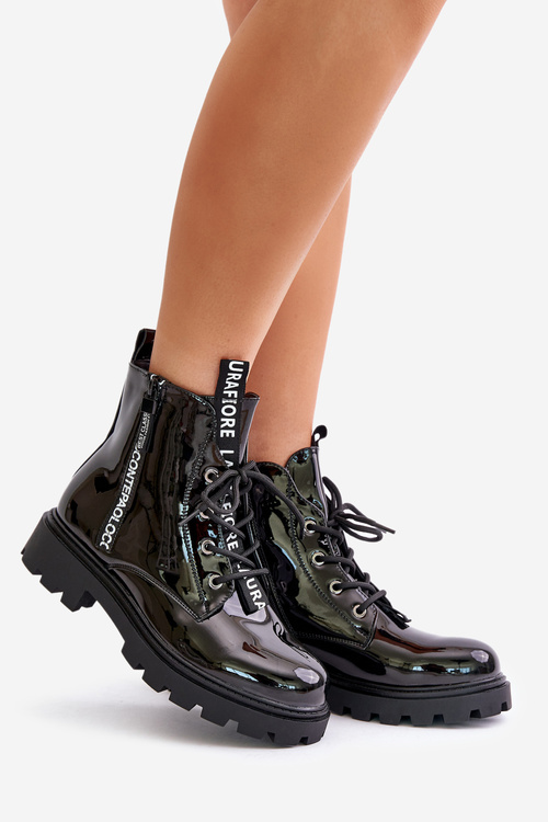 Чоботи робочі лаковані жіночі утеплені з надписами чорна цинфрея