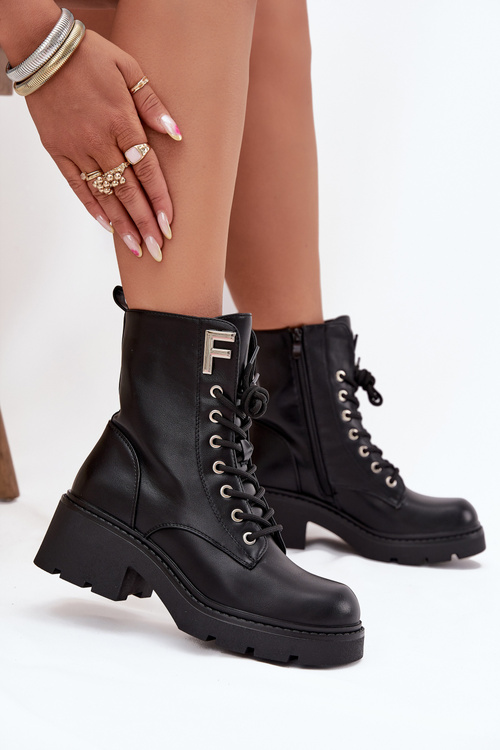 Жіночі ботінки Workery на блоковому каблуці утеплені з літерою F чорні Lurina