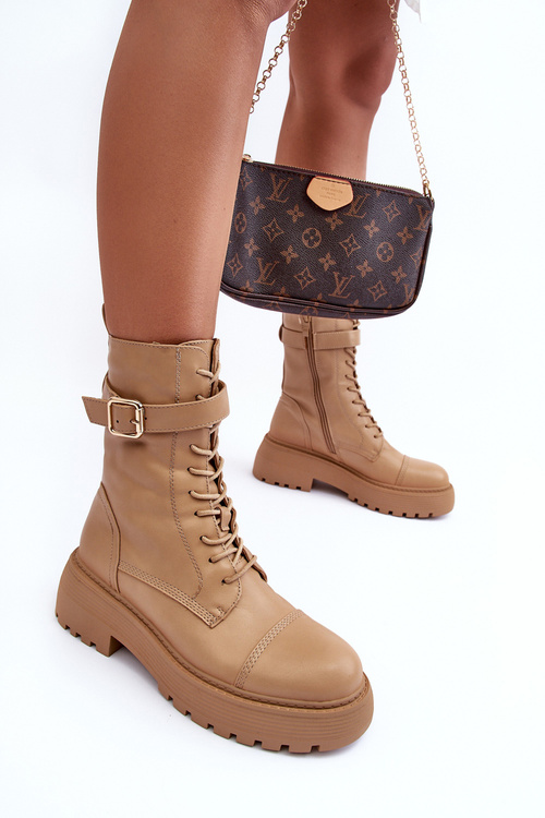 Шкіряні чоботи на плоскому каблуці та застібці Бежеві Самивло