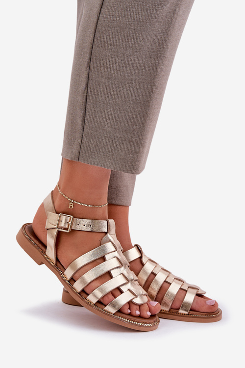 Шкіряні Сандалі На Плоскому Каблуці Zazoo 3686 Золоті