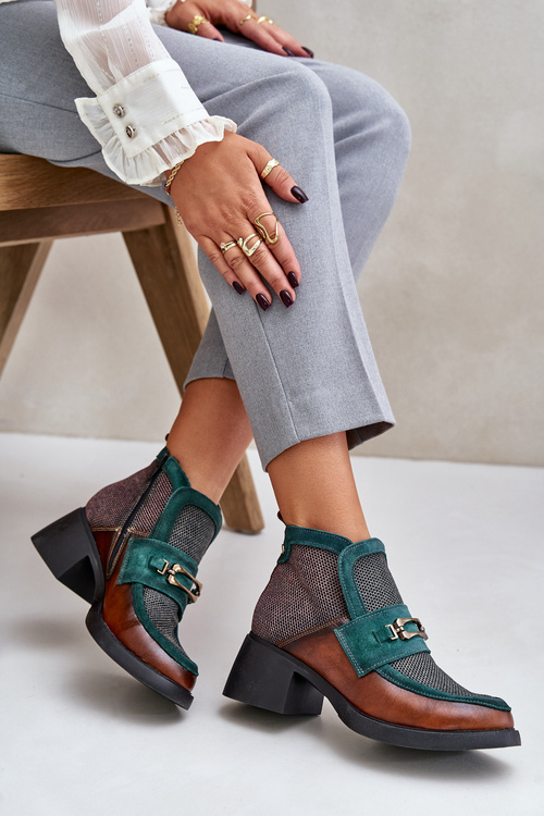 Шкіряні жіночі черевики з масивним каблуком з прикрасою Maciejka A6747-29 коричнево-зелені