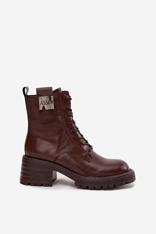 Шкіряні жіночі робочі ботфорти на каблучку з декоративним елементом Artiker 57C0213 коричневі