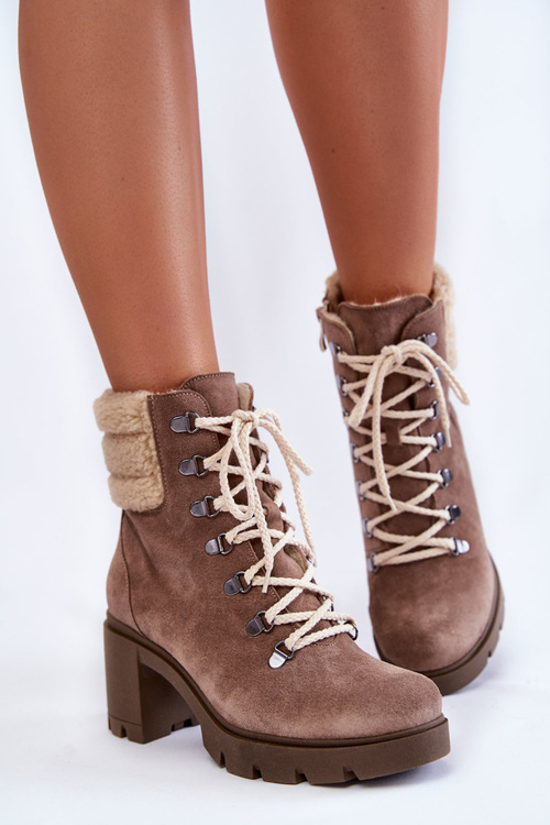 Жіночі замшеві чоботи на каблуці коричневі Fenya