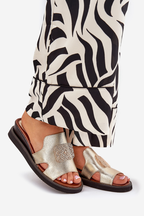 Жіночі Сандалі На Танкетці Еко Шкіра З Декором Золоті Sarela