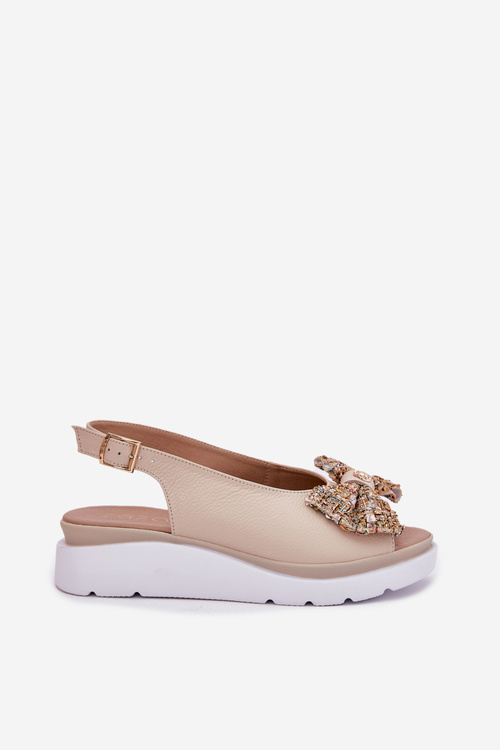 Дамські Шкіряні Сандалі На Котурні З Бантом Бежеві Zazoo 1882