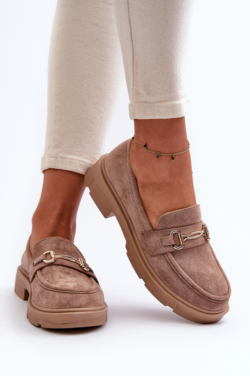 Жіночі лофери із золотистим декором з еко-замші коричневого кольору Lighas