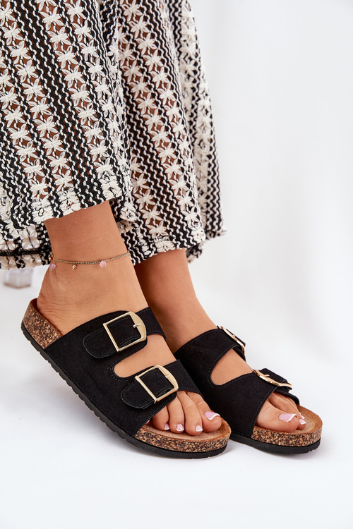 Жіночі сандалі на корковій платформі з золотими пряжками чорні Lisavionea