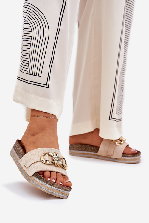 Жіночі Сандалі На Платформі З Блискітками І Золотою Декорацією Бежеві Rilirea