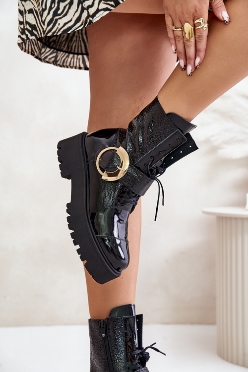 Чорні шкіряні робочі черевики Zazoo 2942 із золотою пряжкою