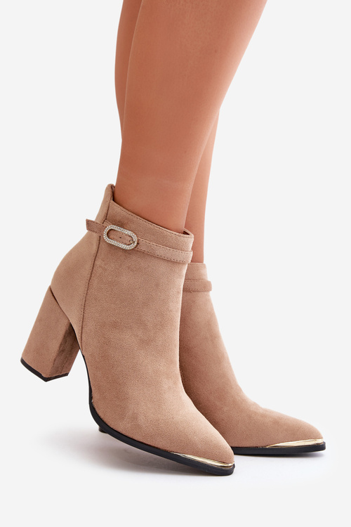 Теплі жіночі ботильйони з гострими носами на каблуці Бежеві Laoreina