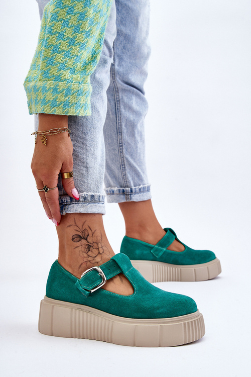 Модні замшеві броги на масивній платформі зеленого кольору Colson