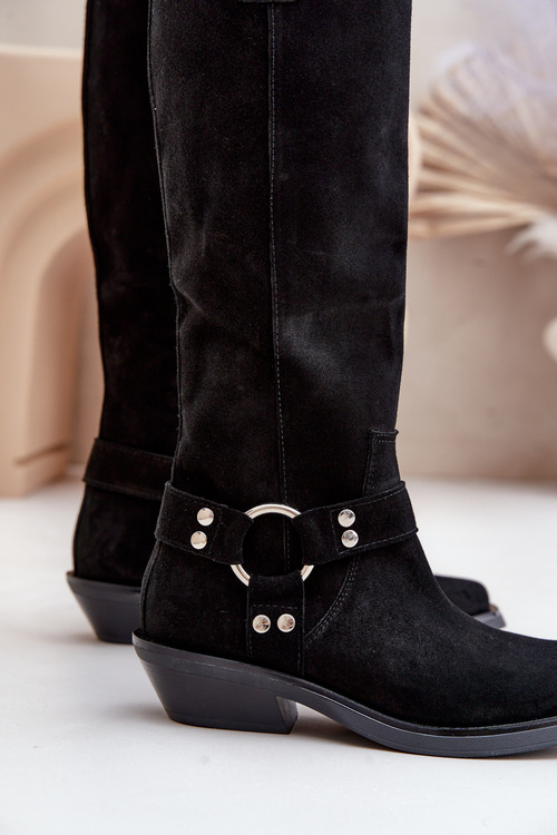 Замшеві Ковбойські Чоботи На Низькому Каблуці З Декорацією Zazoo 3656 Чорні