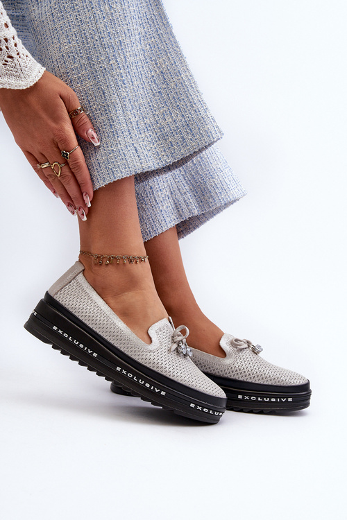 Блискучі жіночі шкіряні лофери на платформі S.Barski LR400 Silver