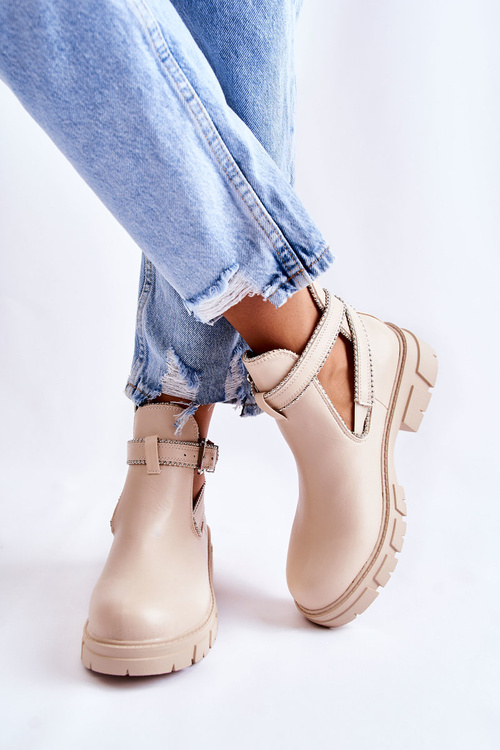 Жіночі шкіряні чоботи на шпильці, бежевий бордюр