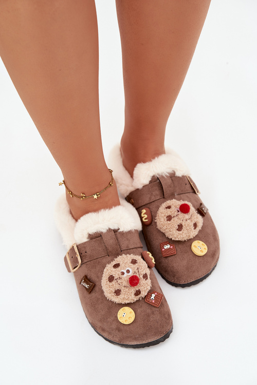 Жіночі тапочки з оздобленнями та пряжкою підкладені хутром коричневі Thalora