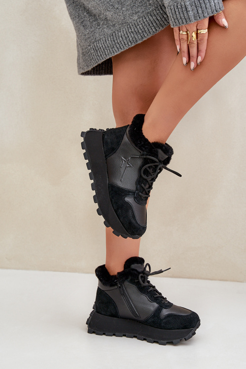 Шкіряні Кросівки Ботильйони Жіночі З Пухом На Платформі Big Star OO274A329 Чорні