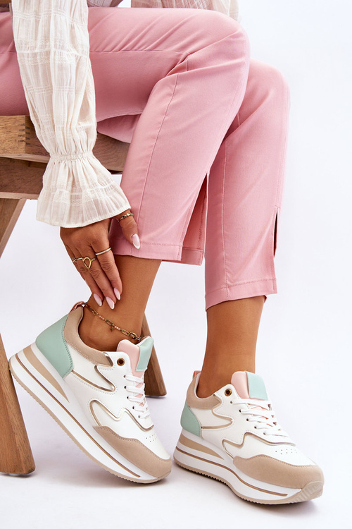 Модне шкіряне спортивне взуття біло-бежевого кольору Roen