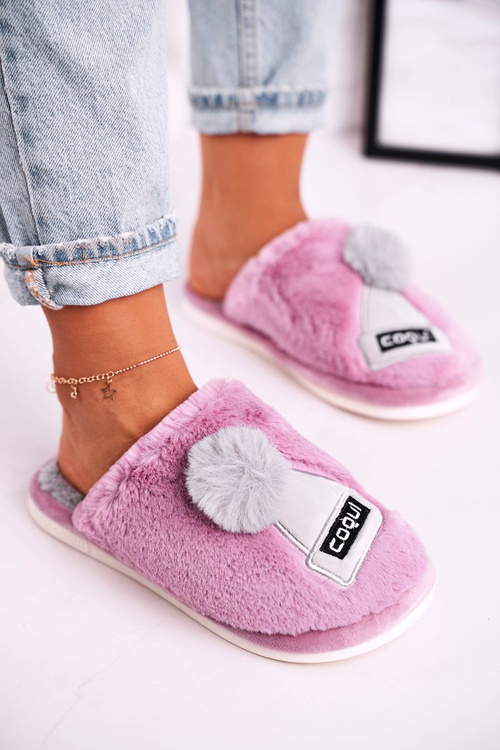 Жіночі пухнасті тапочки з шапочкою і помпоном фіолетові зберігають тепло