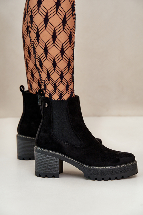Жіночі теплі ботильйони на каблуці Еко Замша Чорні Irissinae