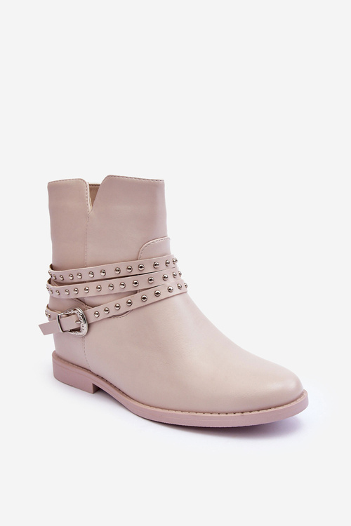 Жіночі шкіряні чоботи з декором на плоскому каблуці бежеві Adkrana