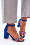 Модні босоніжки з камінням на високих підборах синього кольору Love Me