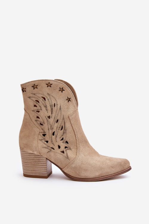 Перфоровані ковбойські ботильйони замшеві на підборах бежеві Lewski 3613