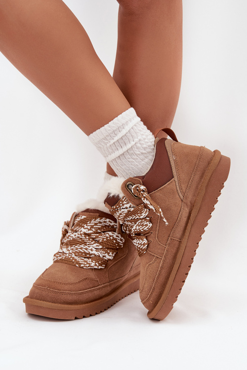 Замшеві жіночі зимові чоботи з хутром і товстими шнурками Vinceza 97963 Camel