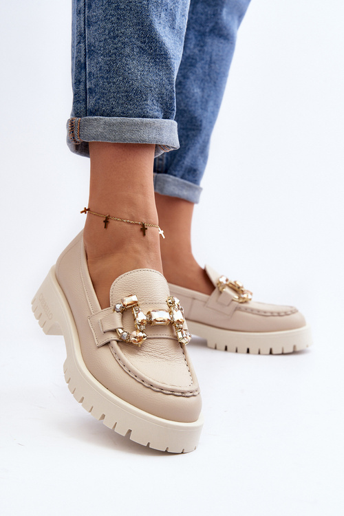 Жіночі шкіряні мокасини з декором CheBello 4369 Бежеві