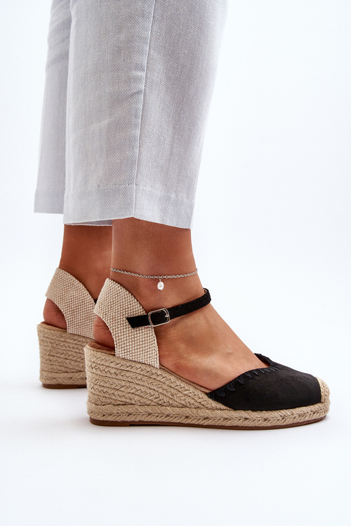 Замшеві босоніжки еспадрільї на танкетці та плетеній плетеній лінії Raylin чорного кольору
