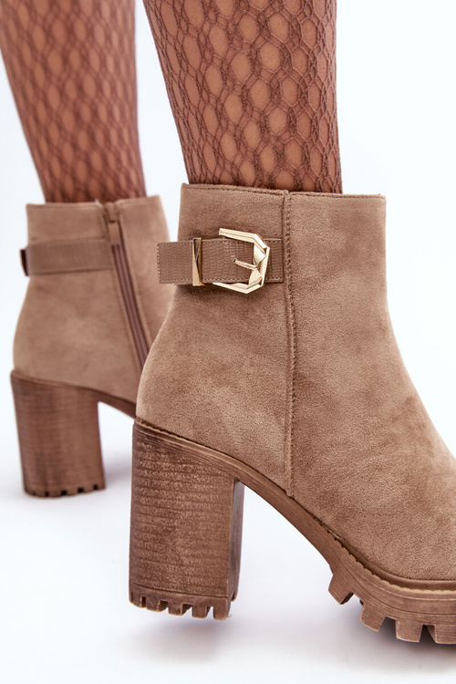 Жіночі замшеві чоботи на каблуці з декором бежеві менорії