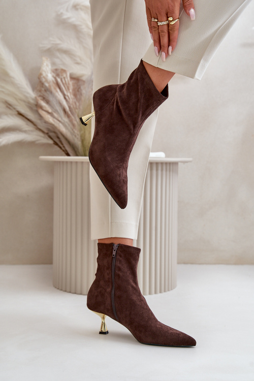 Жіночі черевики на шпильці Еко замшеві з гострими носками Коричневі Irithare