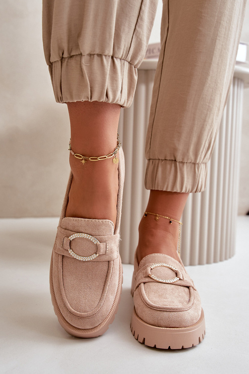 Жіночі еко-замшеві лофери з блискучими деталями бежеві Avellina