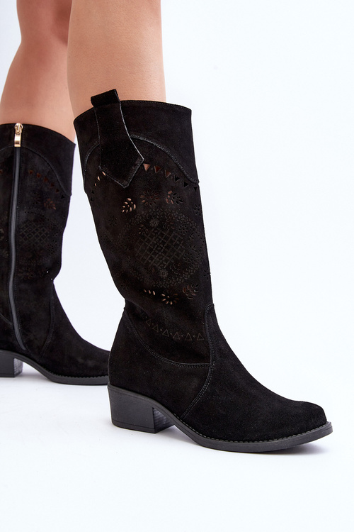 Чорні замшеві чоботи на низьких підборах Zazoo 4043