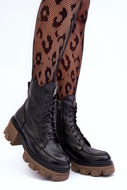 Жіночі черевики Trapper на шкіряній підкладці з хутряним оздобленням чорного кольору Rehin