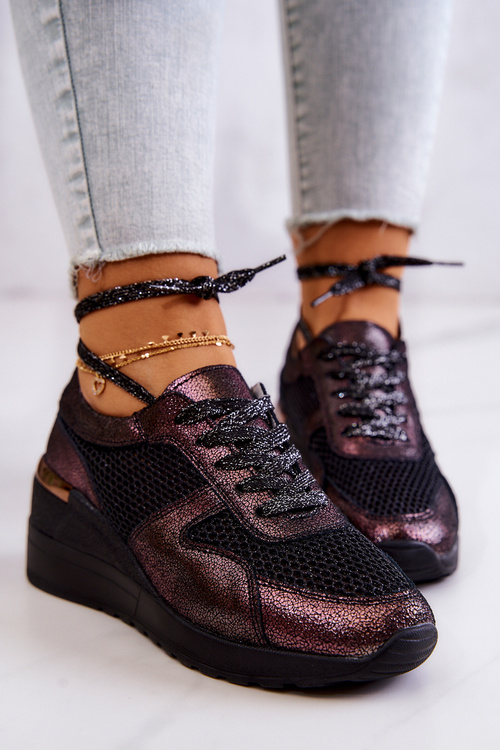 Шкіряні сітчасті кросівки на танкетці S.Barski чорні