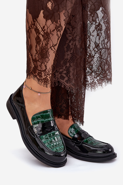 Лакировані Шкіряні Жіночі Мокасини Vinceza 91125 Зелено-Чорні
