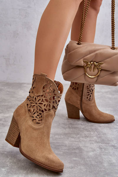 Замшеві ажурні ковбойські черевики Lewski Shoes 3265 Темно-бежевий