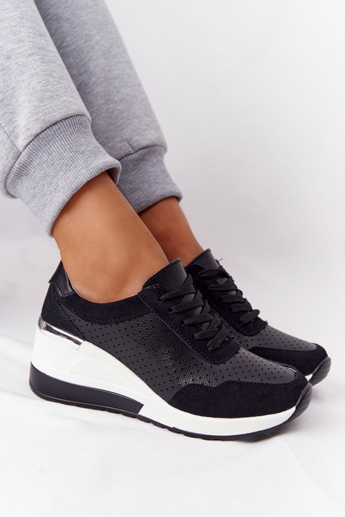 Ажурні шкіряні кросівки на танкетці S.Barski Чорні