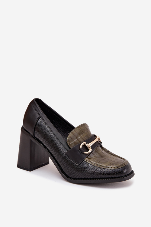 Жіночі туфлі на низькому каблуці з тисненням і золотим деталем Зелено-чорні Novella