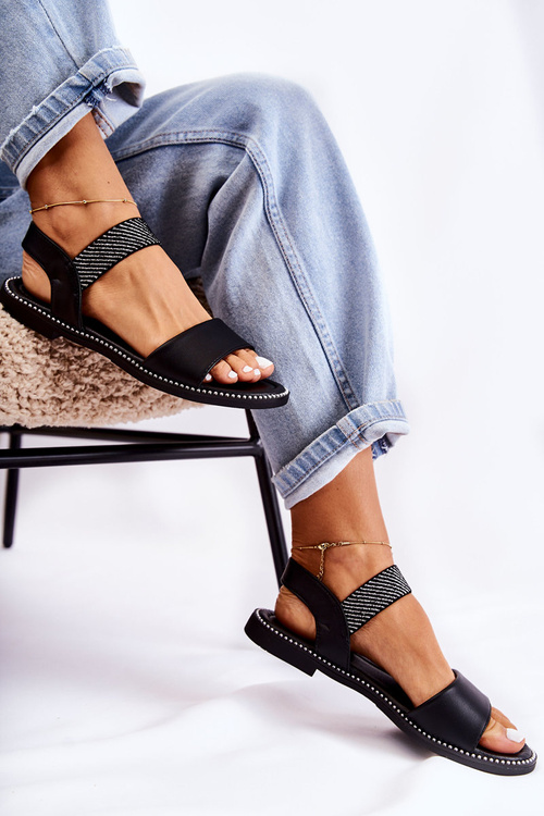 Жіночі класичні босоніжки на плоскій каблуці Чорні Catis