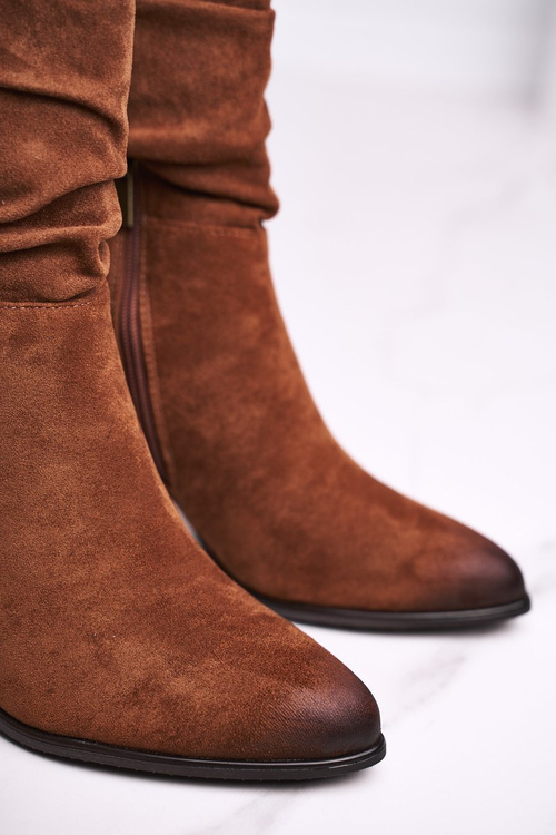 Жіночі чоботи на високому каблуці з еко-замші Верблюжого кольору