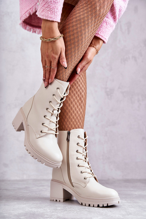 Жіночі теплі черевики на високому каблуці світло-бежеві Grethe