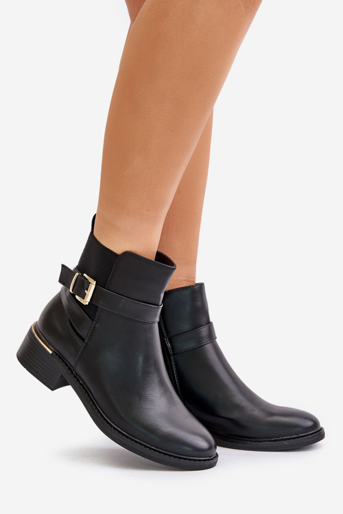 Жіночі ботильйони на низькому каблуці з екошкіри чорного кольору Zinlora