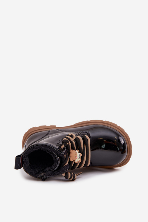 Теплі дитячі лаковані чоботи на шнурівці з ремінцем ведмедя чорні Jovellea