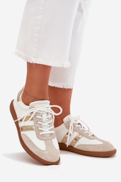 Низькі шкіряні кросівки для жінок біло-золоті Ismina