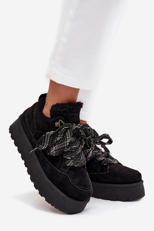 Шнурівка Жіночі Снігові Черевики На Платформі Обігріті Мехом Чорні Tavelle