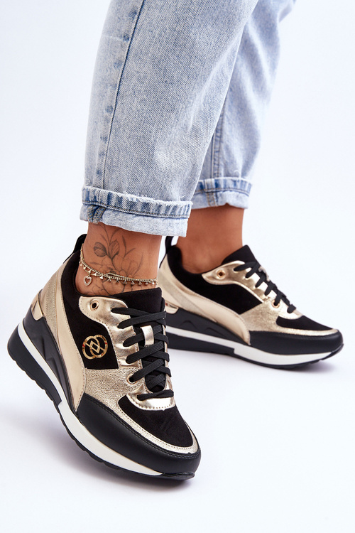 Жіночі кросівки на танкетці чорно-золоті Genova